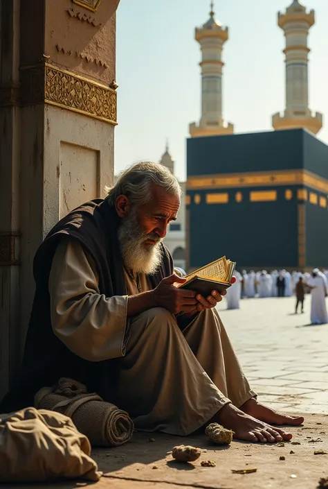 A poor old man is crying behind the Makkah and is carrying junk with him and a book of the Holy Quran is placed in front of him.