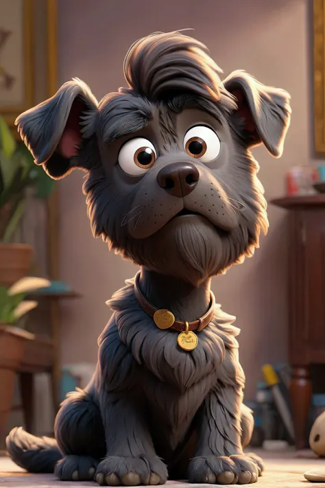 there is a dog cartoon charater in disney style that is sitting on the floor in the room, scruffy looking, looking straight to camera, by Romain brook, by Emma Andijewska, looking straight to the camera, selfie of a dog, his hair is messy and unkempt, reti...