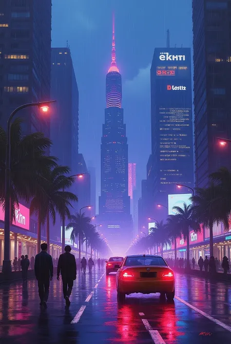 Oil painting of a futuristic street, in India, tall buildings in a distance,bright purple and blue lights, billboards, people walking on footpath, and cars on the street. Night time, raining, very realistic