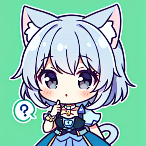 1girl,(chibi:1.2),spoken question mark, gray hair, black eyes, cat girl, detailed anatomy, 