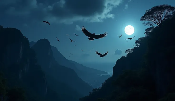 On the right、Several vultures flying in circles on the edge of a cliff, Flying over the Vista Chinesa hills, In Rio de Janeiro, Dark Night, In many shadows, Stars and full moon in the sky、And a lot of trees coming down from the cliffs々、A view from the bird...