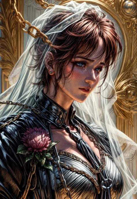 oil painting anime comic art, Julie Bell art of a groom held by ((radiant chains: 1.2)), in his wedding day and his bride, a handsome groom, wearing suit and tie, BREAK AND a beautiful, sexy bride, busty bride, wearing white lace wedding dress, the chain h...