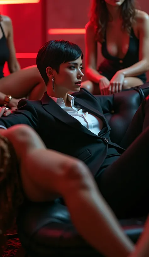 a stylish swagger tomboy woman short hair in a suit and tie reclining while laying flat, with multiple girls laying around her their legs visible in the frame, fashion,elegant,glamorous posture (best quality,4k,8k,highres,masterpiece:1.2),ultra-detailed,(r...