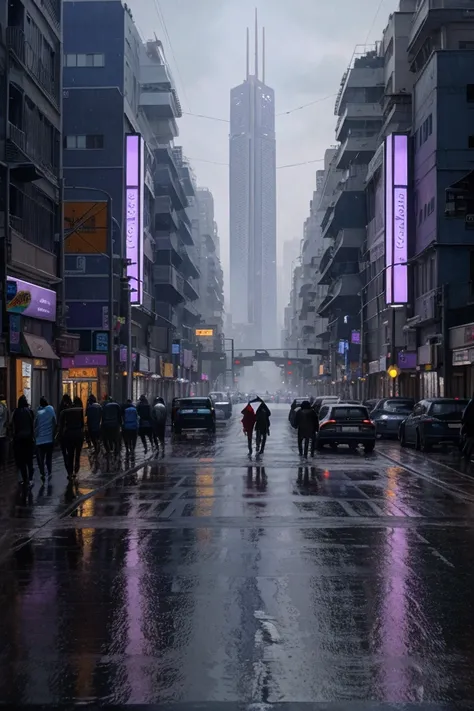 Oil painting of a futuristic street, in India, tall buildings in a distance,bright purple and blue lights, billboards, people walking on footpath, and cars on the street. Night time, raining, very realistic