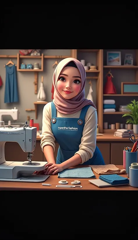 a young woman wearing a hijab who is in a sewing room. The woman wore a cream-colored hijab and clothes with a blue apron with the words "MARETHA FASHION" on the front. In front of him is a sewing machine with the words "INDONESIA," indicating that this is...