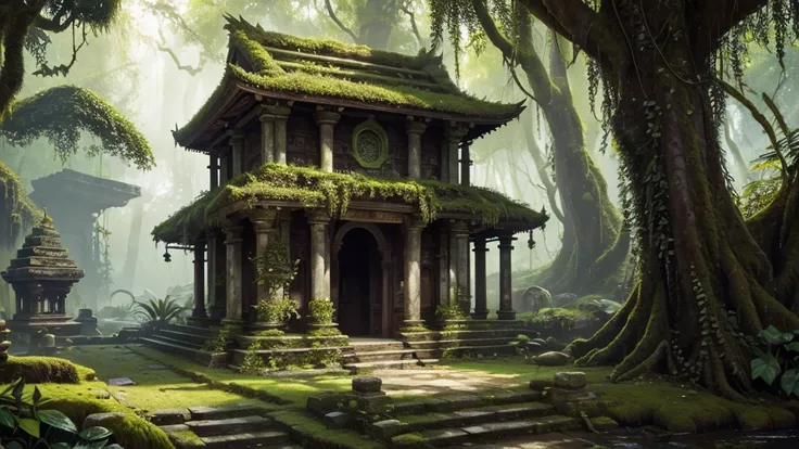 ((masterpiece)),((Highest quality)),((High Detail)), nobody, background, fantasy, jungle, Ancient temple, Ivy and moss, Morning light, bright, Animal Sculpture