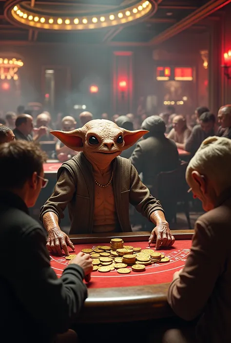 A casino from Star Wars, there are blackjack, Poker and a bar, A creature has won many tokens lying in front of it , they are different Kind of creatures, there is alcohol and cigarettes, Not so bright, good atmosphere, ultrarealistic, detailed