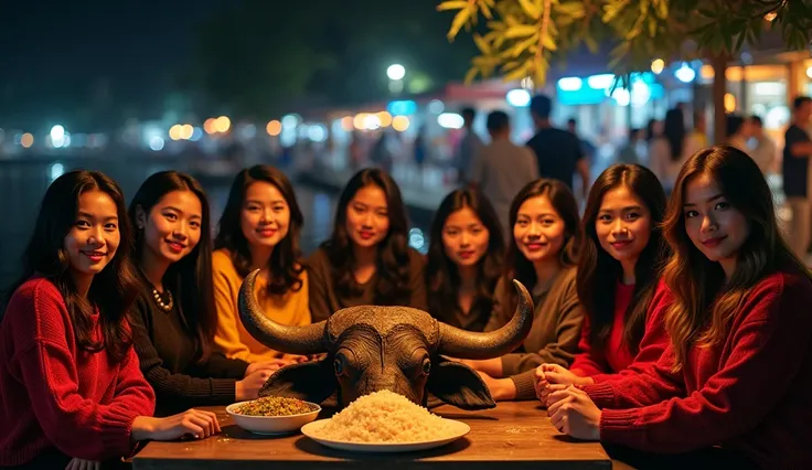 8 beautiful Indonesian women who are a bit fat, loose hair, big nose, wear colorful sweaters, long pants, sit down, all faces facing the front camera, and on the table there is a big buffalo head on a plate and rice, location at the riverside stall, beauti...