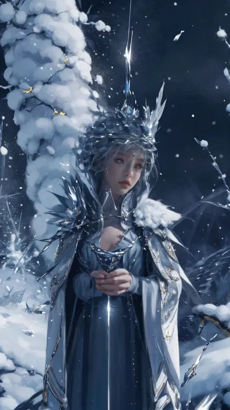 The Snow Queen has a sword made of ice. The sword shines with sparkling ice particles.