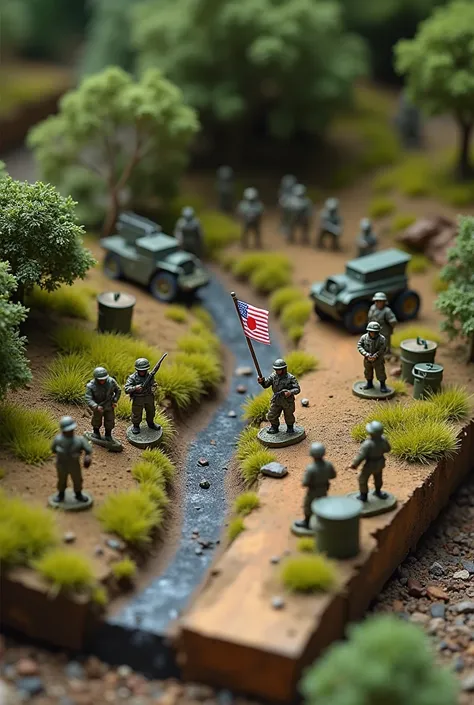 Army miniature diorama on the Wooden base/lining. Theres Malaysian army and japanese army, There is a ditch there . Do it From the top view, There is oil gas as decoration along with trees and grass. Make sure one of the japanese army Hold the old japanese...