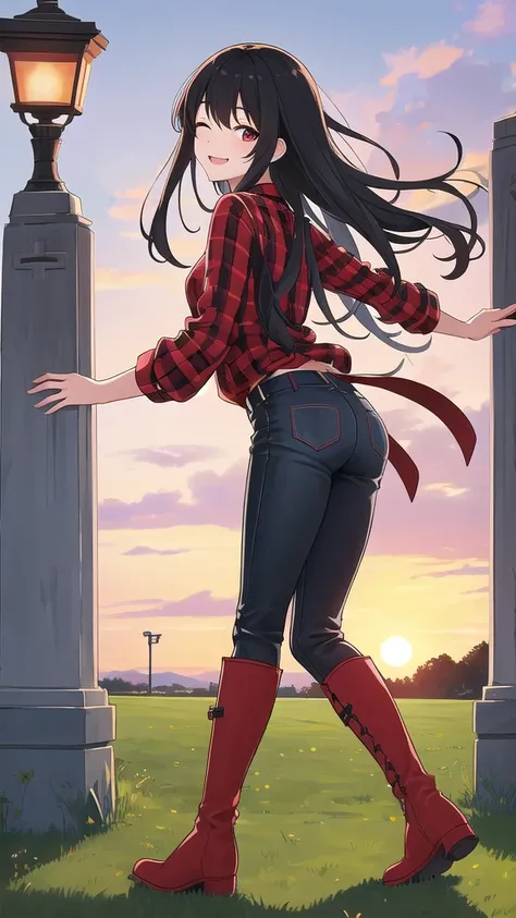 Young woman, high, god, black hair, close eyes, smile, solo, One, costs, field, sunset, checkered shirt, Red shirt, pants, red knee-high boots, looking at the viewer, 8k, red boots, tapes, lamppost, super rear view, ultra quality, home, jewelry, leather bo...