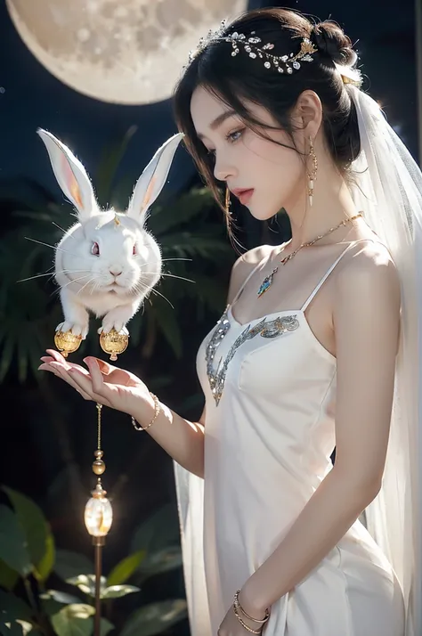 (((best quality))),(((ultra detailed))),(((masterpiece))),illustration,((1 beautiful girl,fairy,Change,solo)),(long straight bob:0.8),((earrings,necklace)),((slim,thin)),((small breasts,flat chest)),(magnificent white Chinese sheer dress:1.3),(stockings:1....