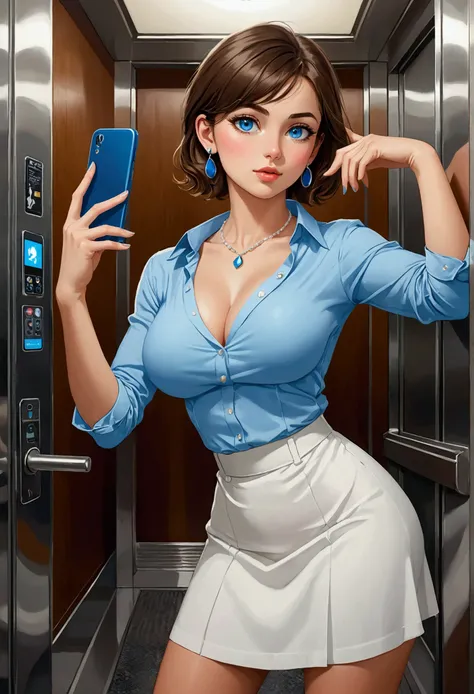 20 years old woman, Short brown hair, Méditerranéenne aux blue eye, Generous and heavy breasts, slender waist, estomac defini, fesses rebondies et pulpeuses, naturally curved, muscular thighs, aguicheuse, in the elevator, in a white skirt and blouse, neckl...