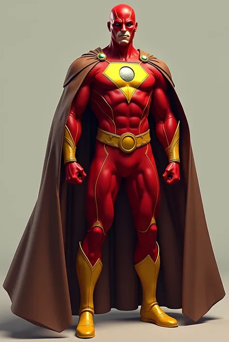 a man dressed in a superhero outfit, red and yellow clothes, with a brown cape and a drawing of an asteroid on the chest, red and yellow mask