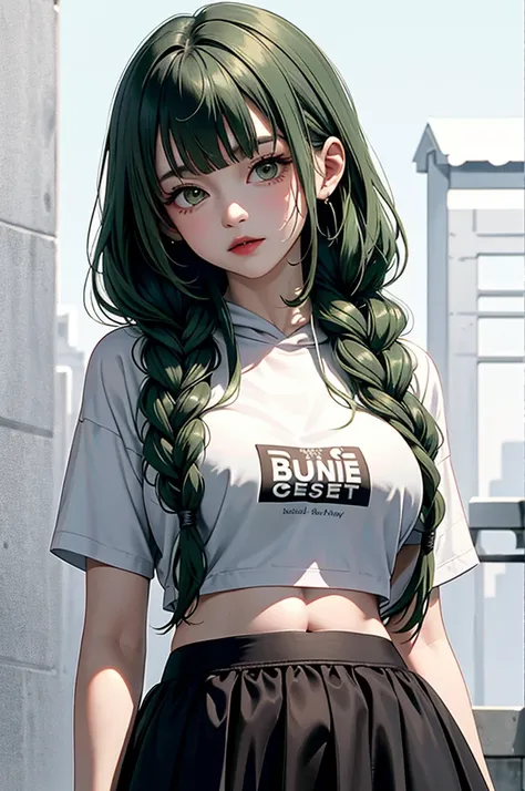 （masterpiece，highest quality），crop top look，Short sleeve hoodie， (Black skirt with gingham check)，big breasts, green haired, 2 long thick braids, bangs.