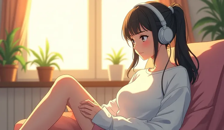 morning、Listen to music in the room、Sit on a chair、high school girl、Big Breasts、 relax、White sweatshirt、ponytail、Use headphones, Bright environment、2D-style animation, Lo-Fi、Retro、Anime style illustrations、Line art with clear outlines