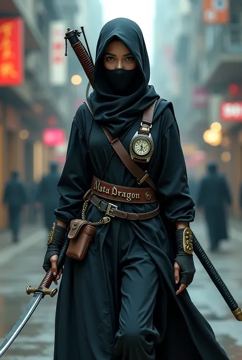 a girl like ninja around age 15, Muslim niqabis close her face, wearing tech cloak, have Mata Dragon roman text on clock, slim body, holding katana, cyberpunk, big name tag using roman text Mata Dragon text on clock,  Mata Dragon roman text carve at katana...