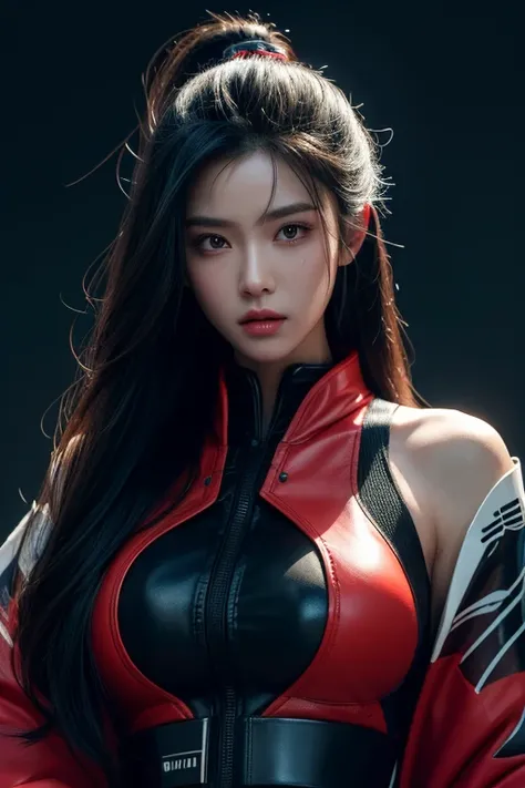 masterpiece, best quality, photorealistic, 1girl, solo, long flowing hair, jet-black hair with neon highlights, looking at viewer, upper body, Cyberpunk City Background, minimal background, neon red lighting, sharp shadows, fierce expression, large breasts...