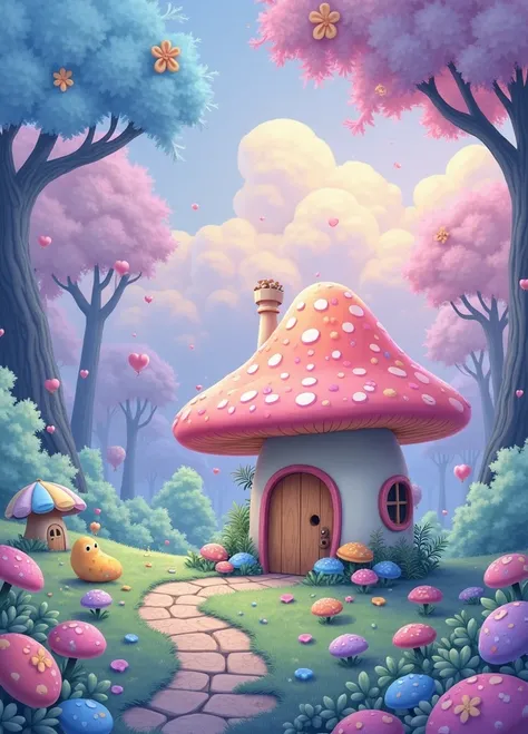 Fairytale forest with macaron colors，A rainbow-colored mushroom house，Surrounded by candy flowers and clovers，There are cotton candy clouds and colorful stars in the sky，Painting style