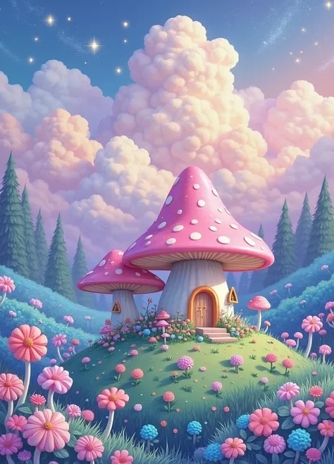 Fairytale forest with macaron colors，A rainbow-colored mushroom house，Surrounded by candy flowers and clovers，There are cotton candy clouds and colorful stars in the sky，Painting style