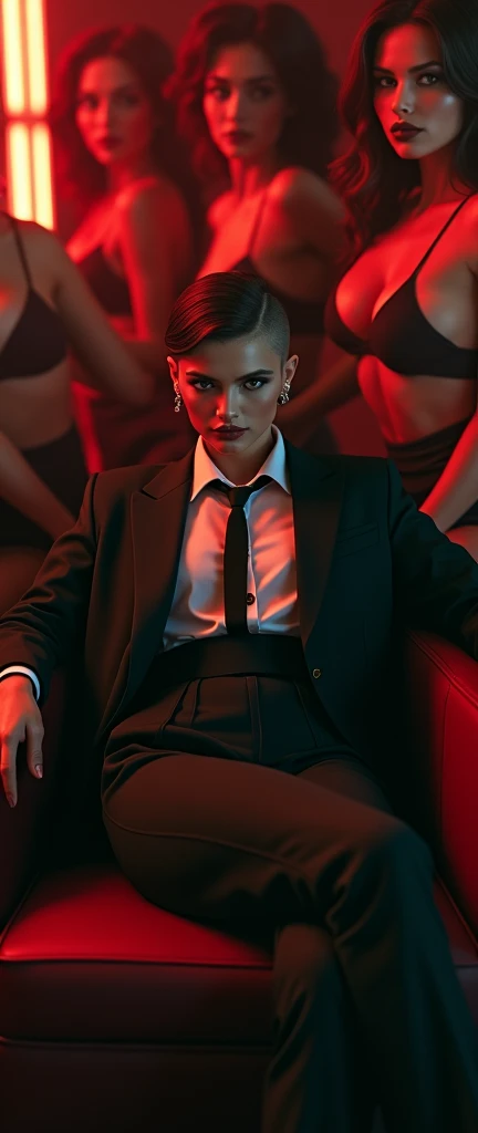 a stylish tomboy woman in casino short hair in a suit and tie reclining while laying flat, with multiple girls laying around her their legs visible in the frame, fashion,elegant,glamorous posture (best quality,4k,8k,highres,masterpiece:1.2),ultra-detailed,...