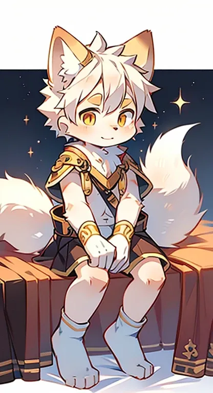 Unique,look down,cannon,arctic fox,male,hairy,best quality,Shota,human nature,paw,hairy的尾巴,Golden Sun Rune,Lovely,Sparkling golden eyes,Sitting on the bed,White socks