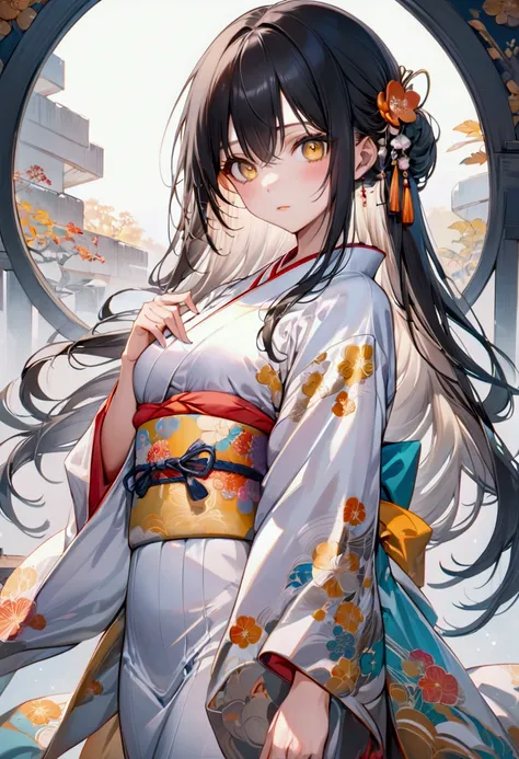 Adult Anime girl with long straight still black hair with white highlights, golden eyes,kimono, detailed body, detailed eyes, masterpiece, best quality, aesthetic, standard pose, 8k, high resolution, ultra-sharp. 