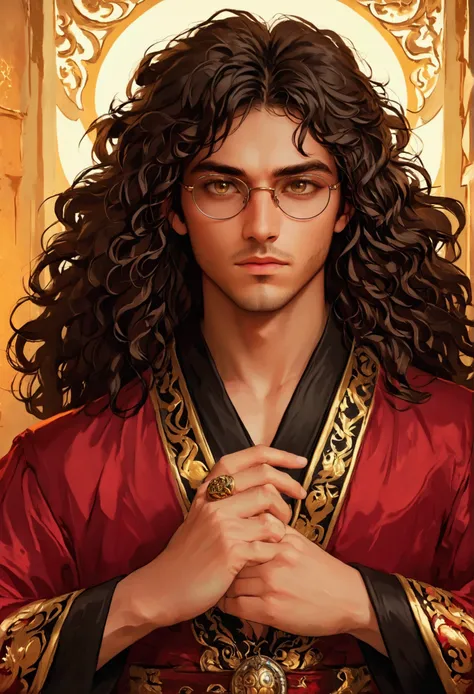 Dark brown long hair fluffy and curly, amber colored eyes, A tanned young man, Clean-shaven face, red blouse with wide sleeves and gold patterns, tight pants, стилистика dark fantasy. gold jewelry, rings, glasses with dark lenses.