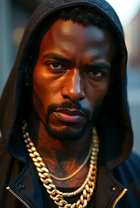 a rapper wearing a large gold chain accessory, high quality portrait, extremely detailed face and eyes, dramatic lighting, cinematic composition, hyper realistic, award winning photography, 8k, HDR, seamless, intricate details, photorealistic, chiaroscuro ...