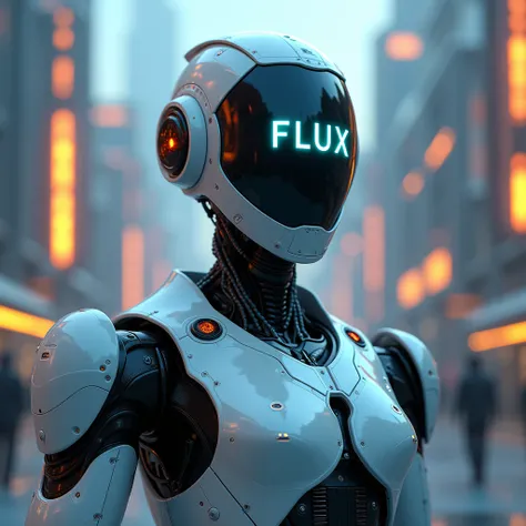 A futuristic robot with a soft glow from the giant letters “FLUX” on the helmet screen. Highly detailed hard surface rendering