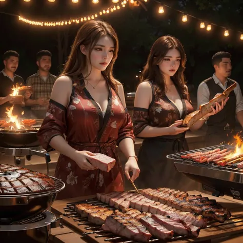 a realistic, large grilled meat, group of people, beautiful women, detailed barbecue scene, hyper realistic, 8k, highly detailed, cinematic lighting, warm color tones, photorealistic, masterpiece, award-winning photography