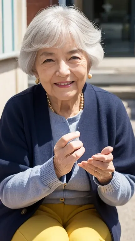 Facing forward and making direct eye contact、A lovely, smiling, kind grandma。