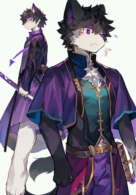 Black Hair，with serious and determined expressions，Black and purple outfit，Purple Eyes，White fur，Big furry tail，Magic sword in hand，Male cat，Boys，Handsome