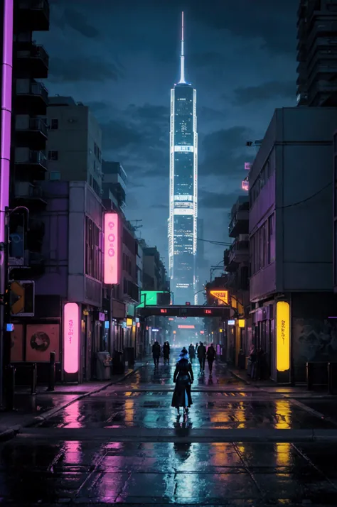 Oil painting of a futuristic street, where we see tall building in the distance glowing in neon purple and blue lighting, and on the street we see neon bill boards glowing on either sides, few people walking on the street, couple of cars, palm trees in the...