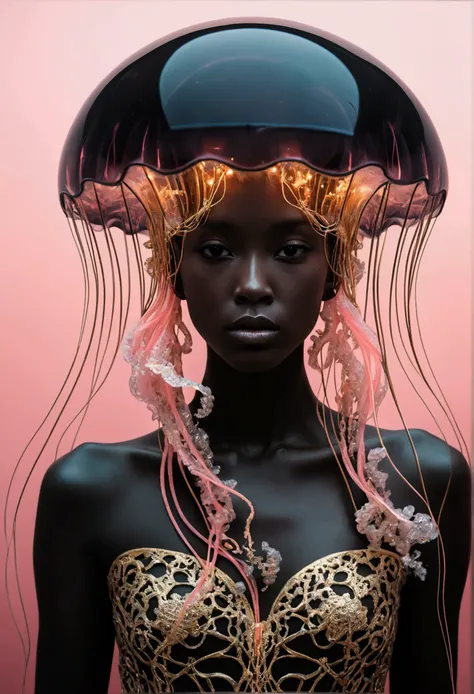 photo RAW, (Black and pink : Portrait of a ghostly jellyfish, shiny aura, highly detailed, gold filigree, intricate motifs, organic tracery, by Android jones, Januz Miralles, Hikari Shimoda, glowing stardust by W. Zelmer, perfect composition, smooth, sharp...