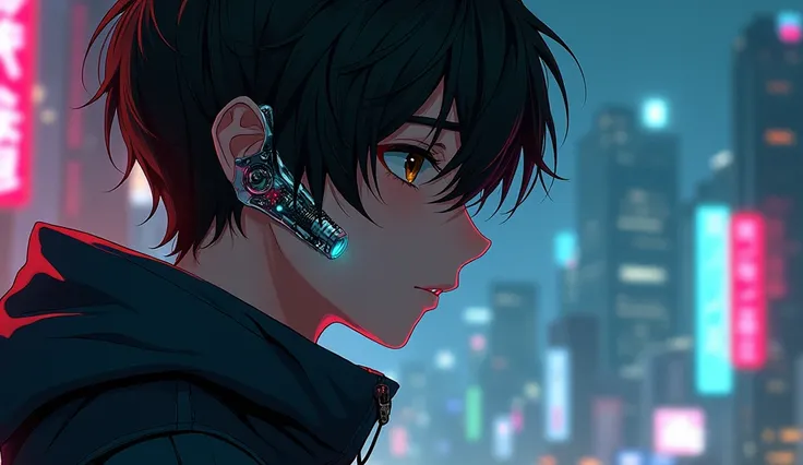 anime, teenage boy , dark hair, futuristic world, head implant