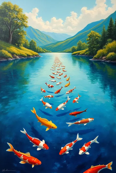 Colourful painting cause a beautiful lake with a lot fish in a line
