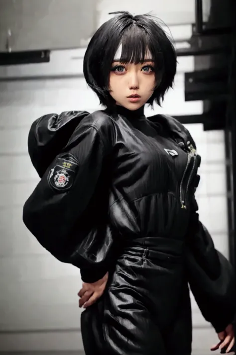 realistic japanese woman, beautiful eyes, black short haired, wearing tactical suits