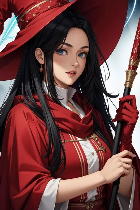 woman、、portrait of eleksi sinclair in red wizard robes wearing a red wizard hat,holding a magic wand ,i&#39;m laughing out loud,...