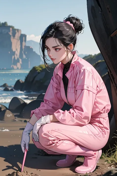 A mature woman with black hair tied up wearing large pink rubber gloves, white rubber boots, and a blue long-sleeved jumpsuit squatting to dig for clams　