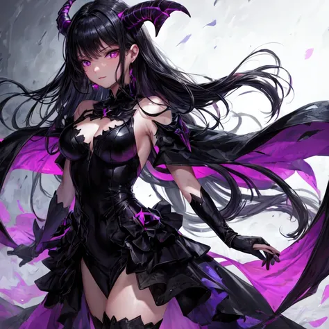 A beautiful demon in human form with black horns and black hair with purple eyes and richly dressed UHD