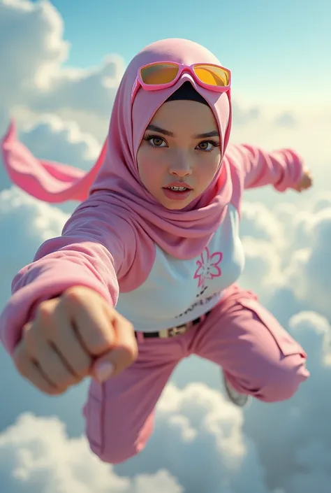 Malaysia japan thailand women a realistic masterpiece. Human .wear pink watch.. 1girl wearing a hijab. detailed beautiful face,small nose. Big lips.Hijab Muslim. Wear long sleeve modern design mixed sew pink white loose size. Small detail ,cargo suit , jac...