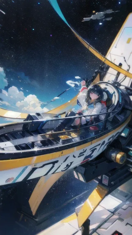 (((masterpiece))), (((Highest quality))), ((Very detailed)), (Highly detailed CG illustrations), ((Very delicate and beautiful)),(From the side),Cinematic Light,A girl climbs into the cockpit、Black Hair、long、Boarding a small spaceship，In the cockpit，Starry...