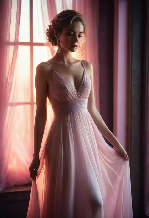 closeup shot, woman in a dress standing in front of a window, romanticism, in evening gown, flowing gown, wearing a flowing dress, mysterious woman, haunting beautiful young woman, wearing a white flowing dress, flowing dress, woman in dress, extremely moo...