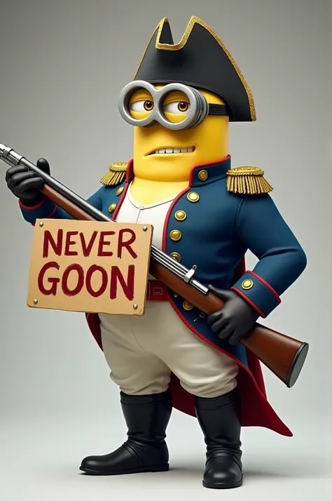 Big buff minion wearing napoleon soldier uniform with a musket holding a board that say never goon