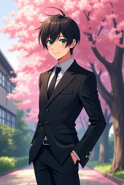 A handsome and strong fantasy anime boy with shiny green eyes who has a sweet smile on his lips and looks at you standing. stylish black school jacket with black pants, neat black hair, behind him is a big cherry tree in the school yard