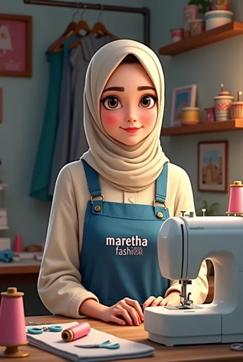 a young woman wearing a hijab who is in a sewing room. The woman wore a cream-colored hijab and clothes with a blue apron with the words "MARETHA FASHION" on the front. In front of him is a sewing machine with the words "INDONESIA," indicating that this is...