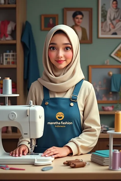 a young woman wearing a hijab who is in a sewing room. The woman wore a cream-colored hijab and clothes with a blue apron with the words "MARETHA FASHION" on the front. In front of him is a sewing machine with the words "INDONESIA," indicating that this is...