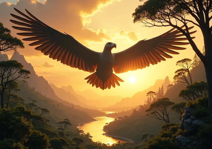 ((best quality)), ((masterpiece)), (detailed), perfect faceA vast prehistoric landscape with a golden sunset, filled with towering ancient trees and lush green vegetation. In the sky, a massive Teratornis bird is soaring gracefully with its enormous wings ...