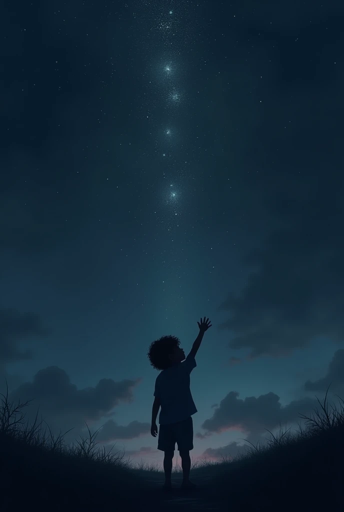 The shadow of a child reaching out with all his might to the stars 